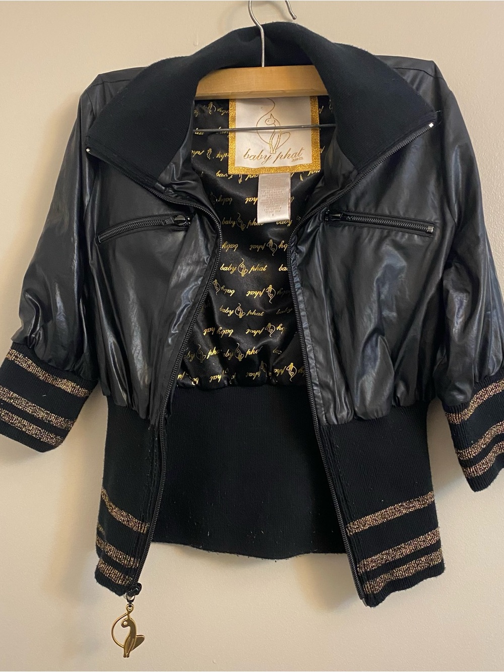 Baby Phat Black Cropped Bomber Jacket with Gold Trim
